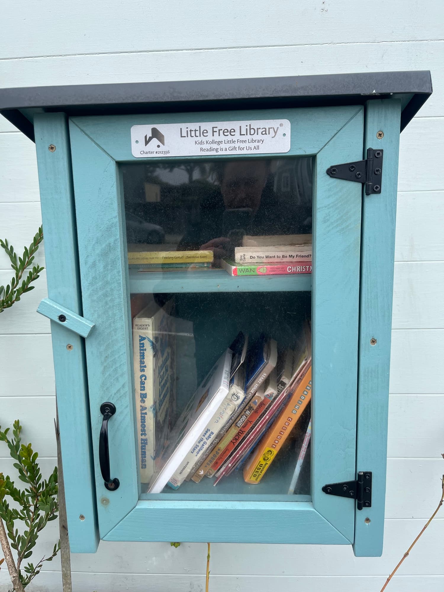 A Little Free Library on Lawton Street: a small teal wooden book box with a glass door, mounted outside a house and filled with donated books.