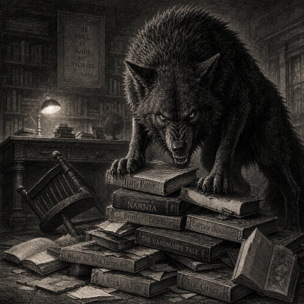 Snarling wolf crouched atop a pile of titled books in a dim library with a desk lamp and Plato quote.
