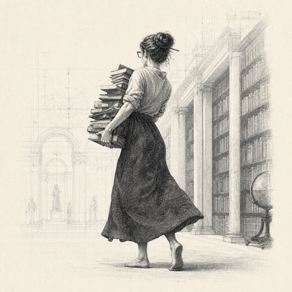 Pencil sketch of barefoot woman carrying a tall stack of books through a grand columned library with a globe.