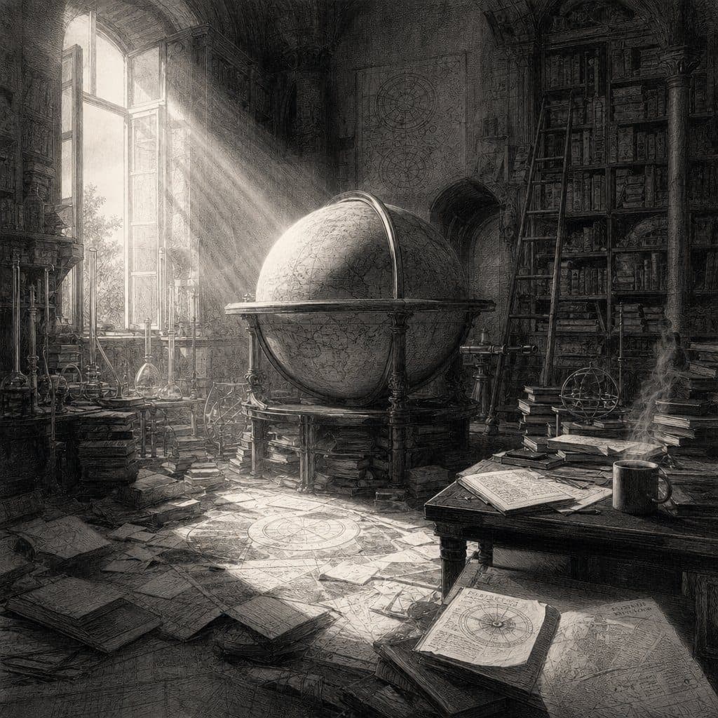 Sketch of a large globe in a sunlit study with bookshelves, ladder, scattered papers and steaming mug.