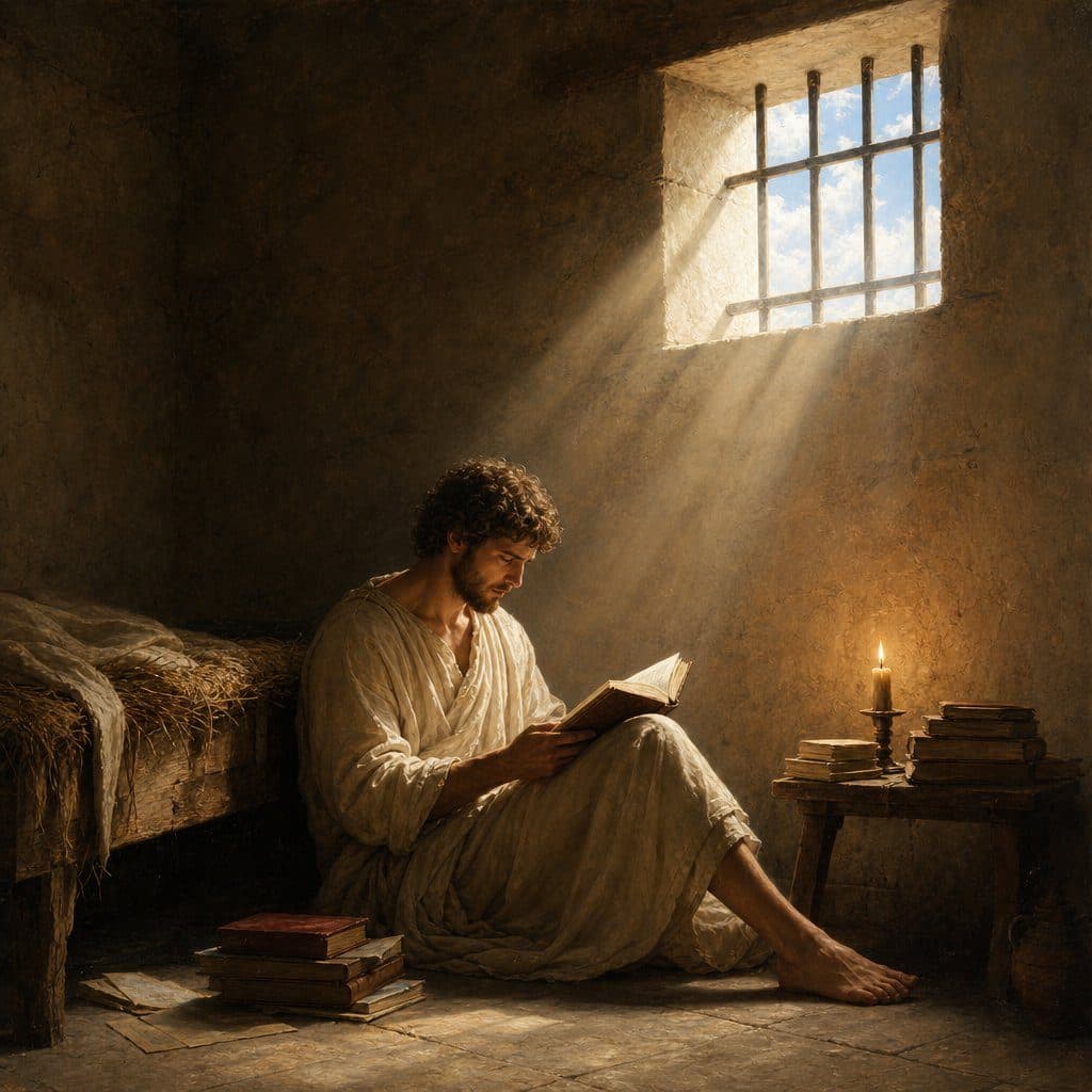 Barefoot man in robe reads a book on a cell floor, lit by a barred window, near books and a candle.