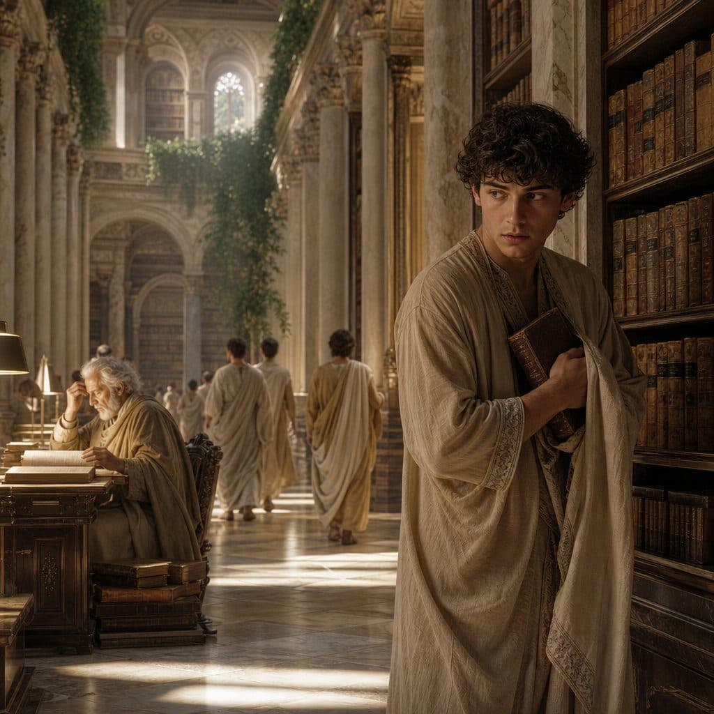 Young man in a robe clutching a book by tall bookshelves in an ornate library, others in togas behind.