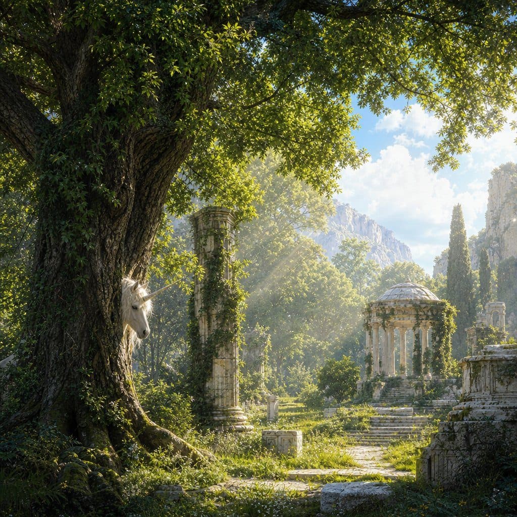 White unicorn peeking from behind a tree beside ivy-covered ruins and a domed temple in a sunlit forest.